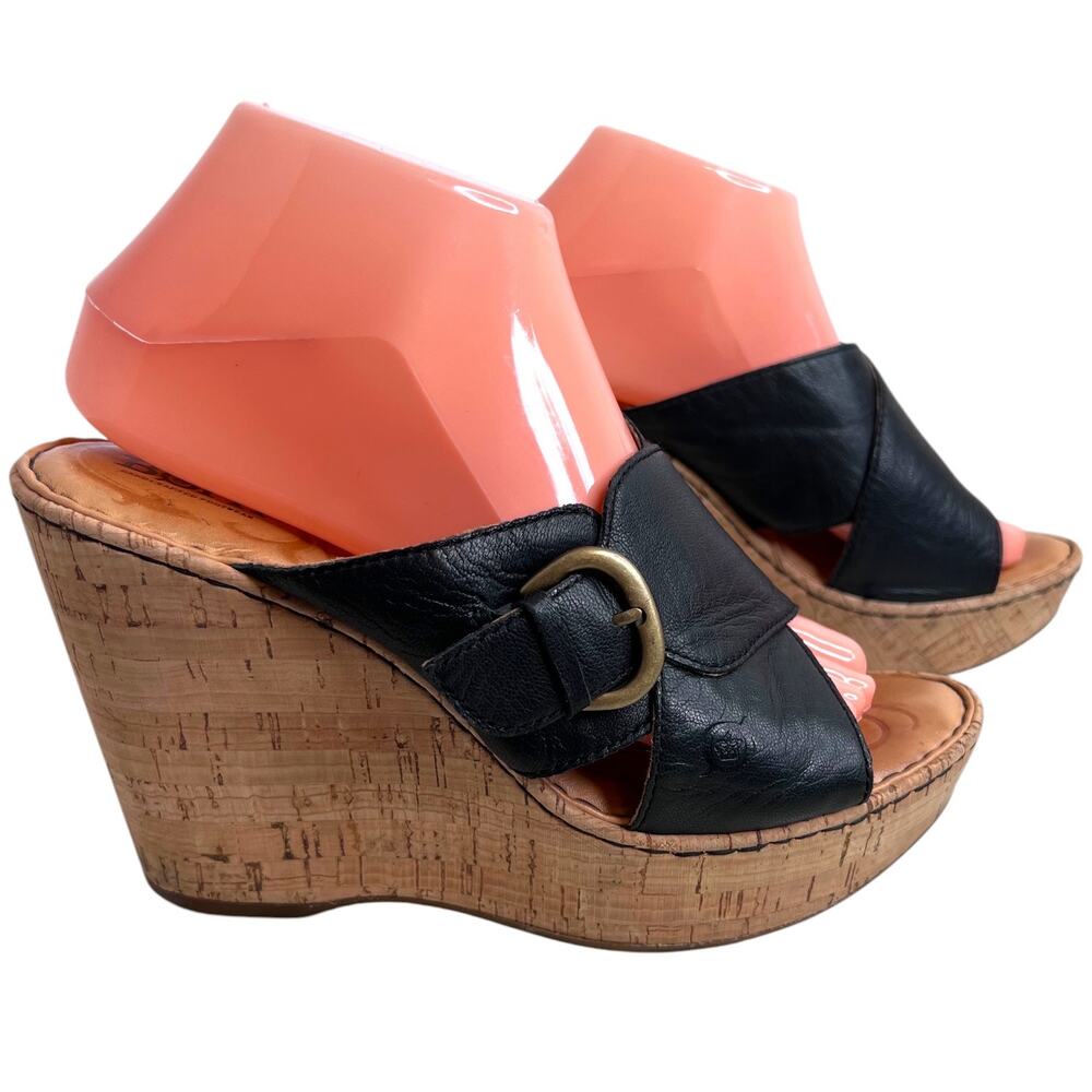 Born Leather Wedge Sandal Cork Platform Cross Strap & Buckle in Black Womens 9M - Picture 2 of 13